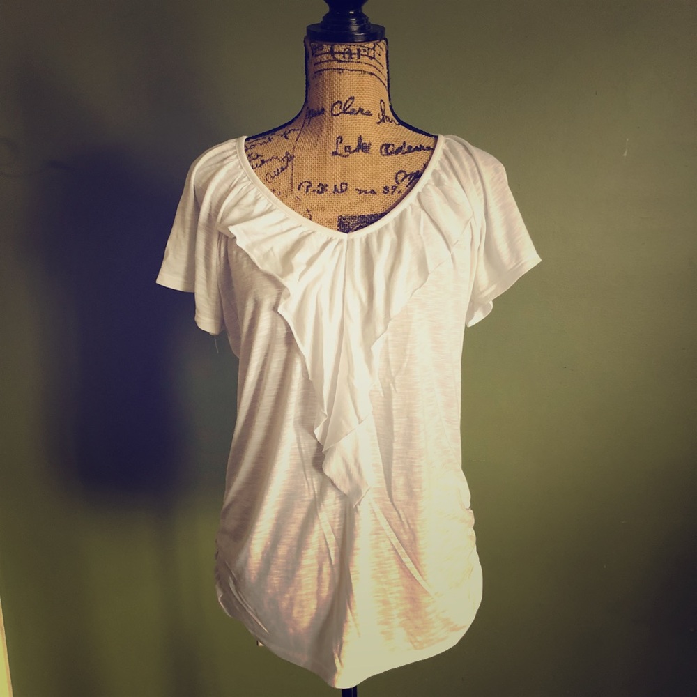 French Laundry White Ruffle Trim VNeck Top